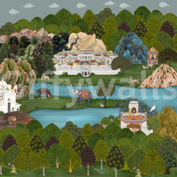 Teal water and hills shape the Mughal Oasis wall mural panel