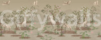 Misty taupe mountains sit behind the painted trees of this wall mural