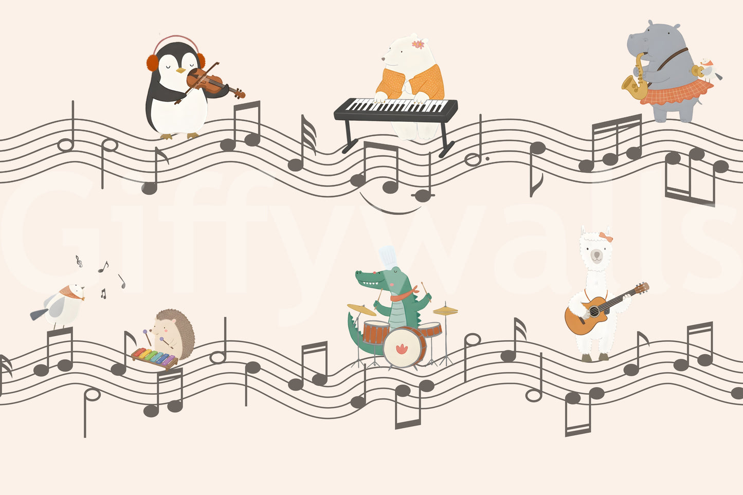 Hedgehog tapping a xylophone beside a singing bird on the Band wall mural