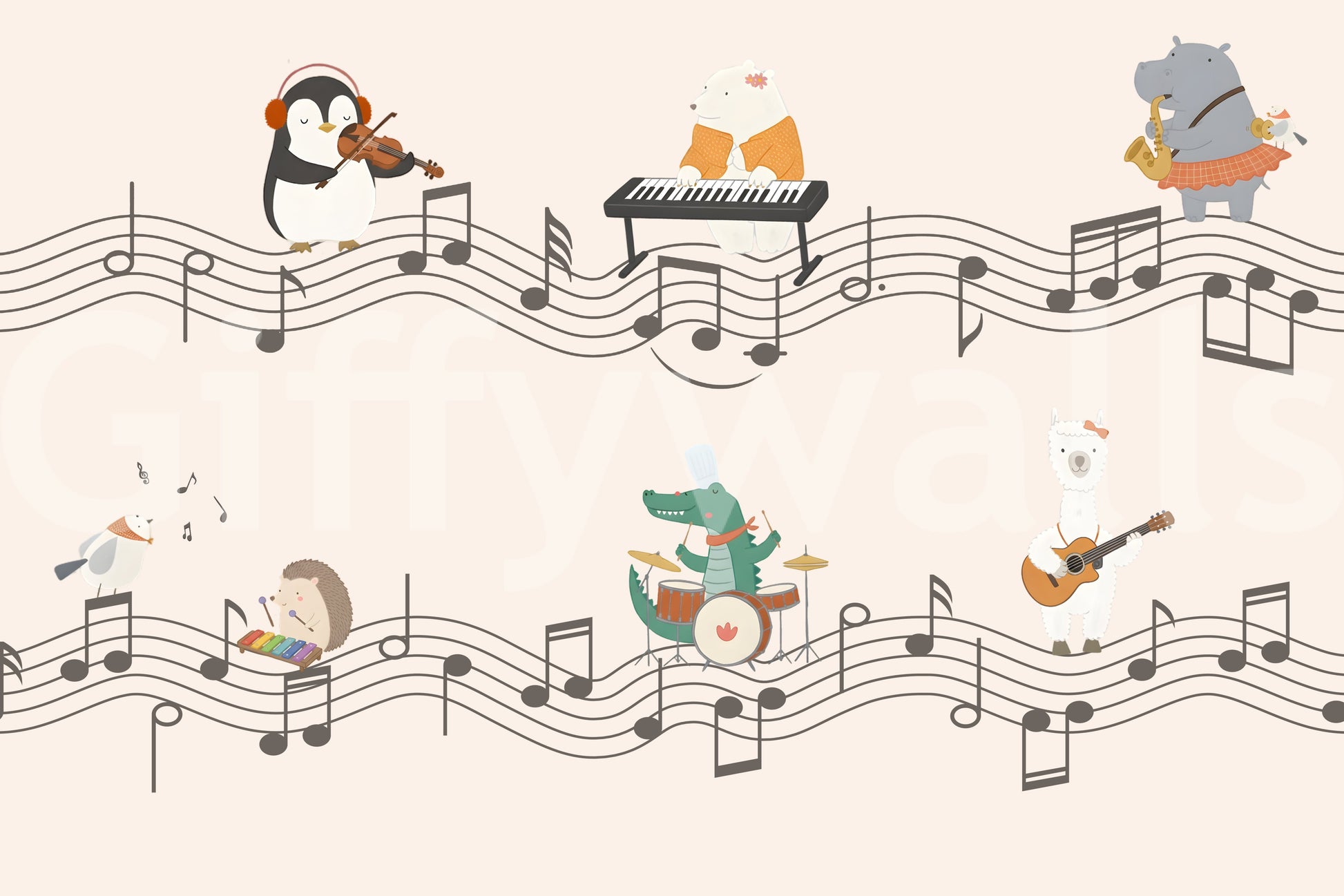 Hedgehog tapping a xylophone beside a singing bird on the Band wall mural