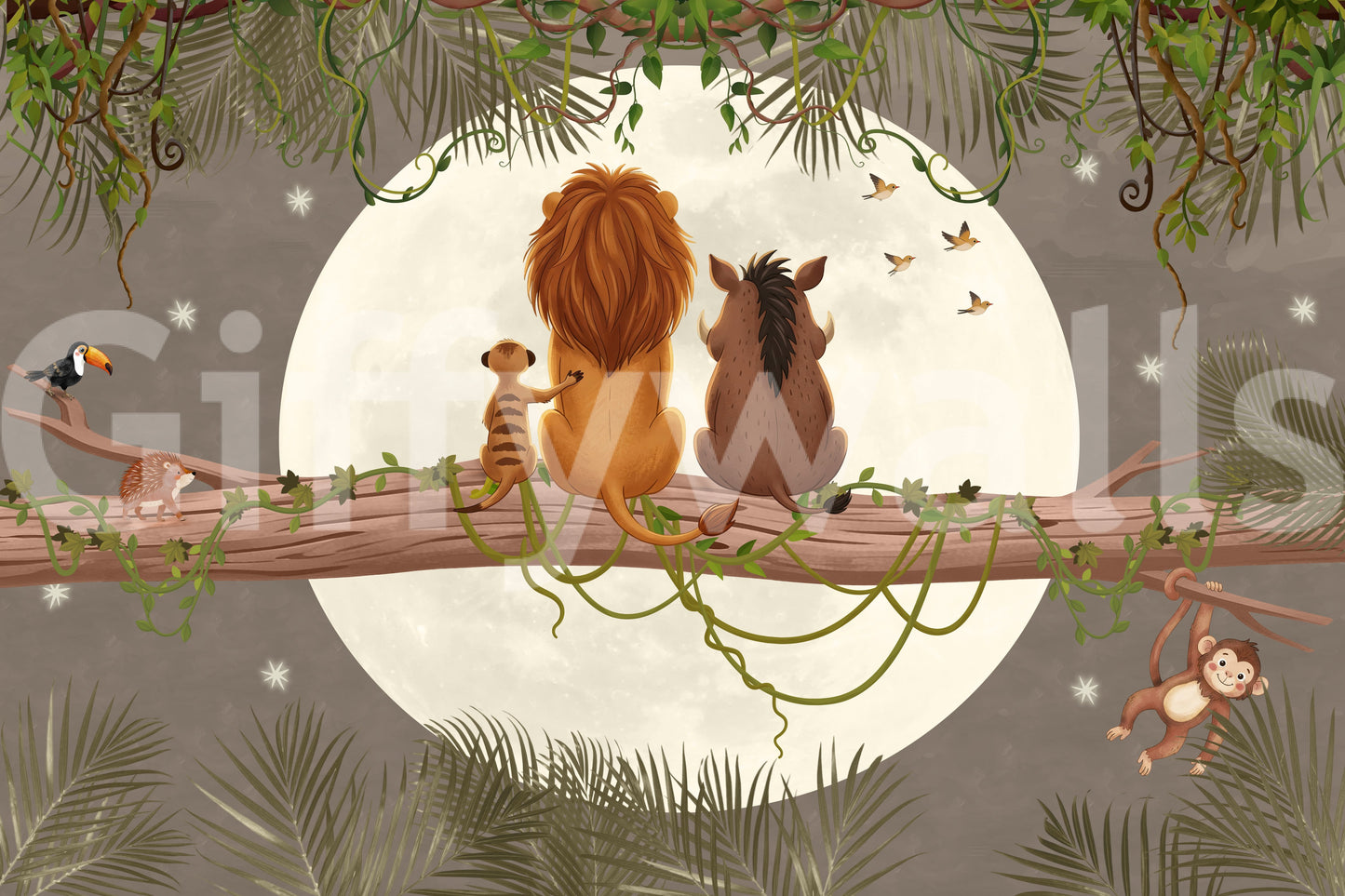 Cheeky swinging from a vine on the right of the Moonlit Jungle Friends wall mural