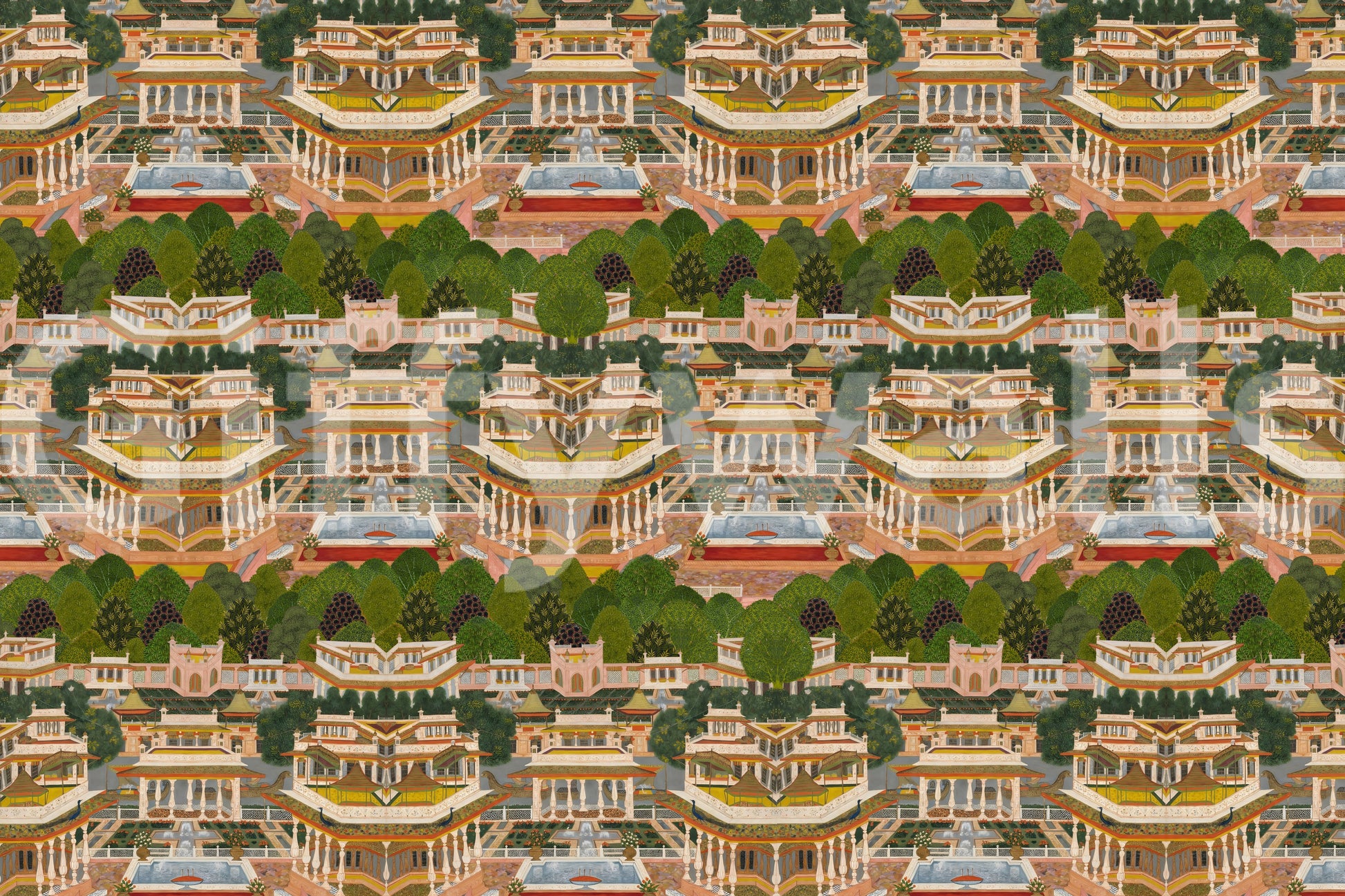 Golden rooftops and tiny figures add scale cues across this folk-style wallpaper