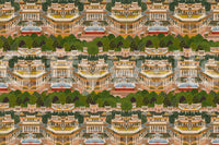 Golden rooftops and tiny figures add scale cues across this folk-style wallpaper