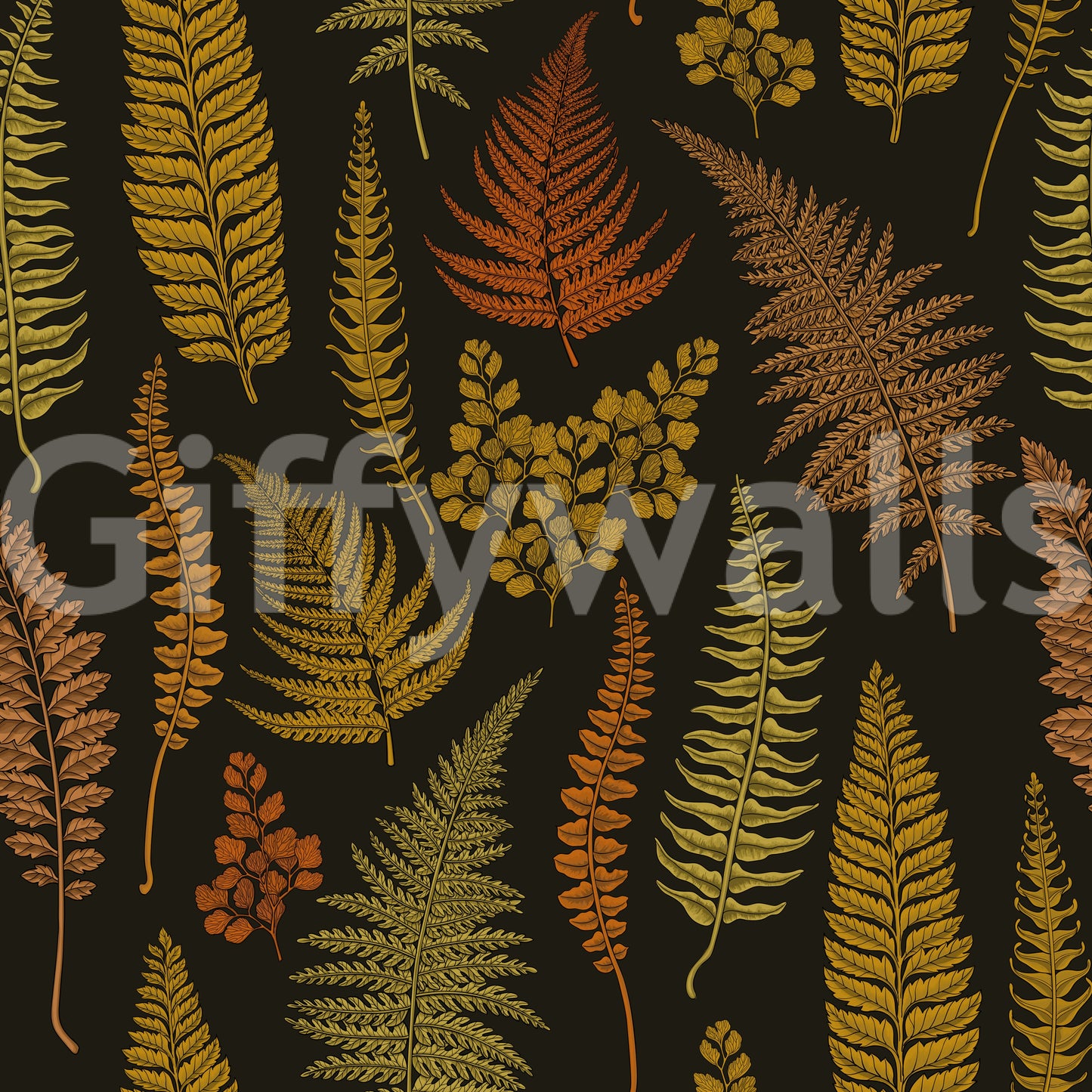 A black ground holds amber, ochre and olive fronds across this fern wallpaper