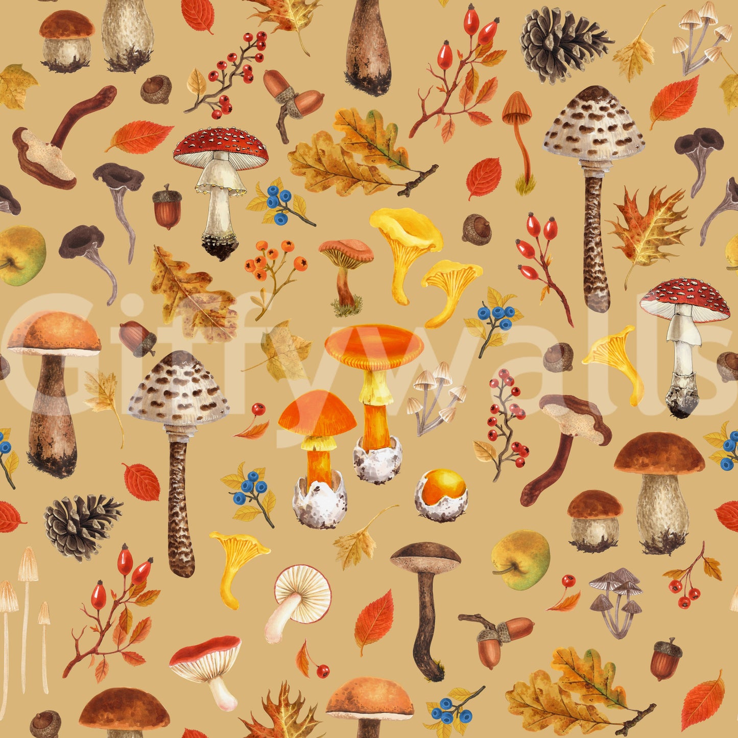 Wild mushrooms on ochre Wallpaper⁠
