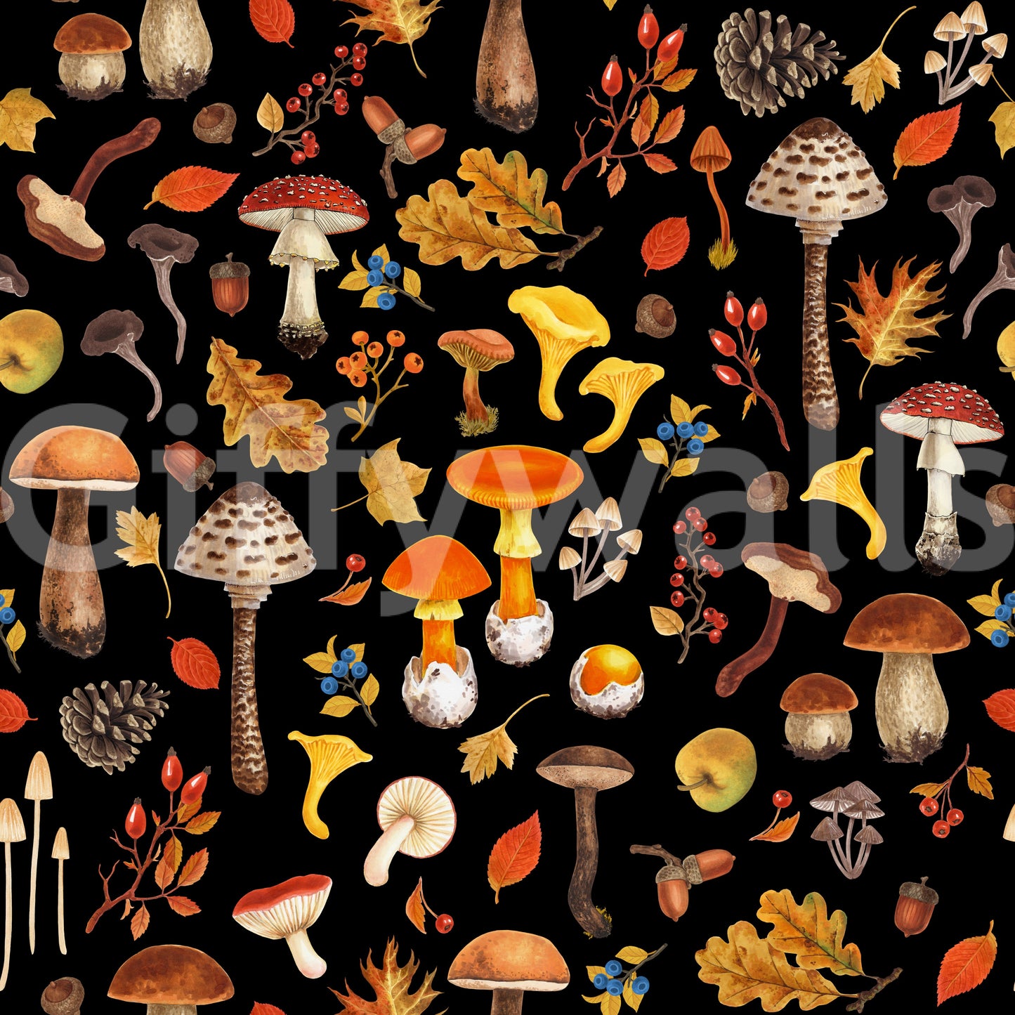 Wild mushrooms on black Wallpaper⁠