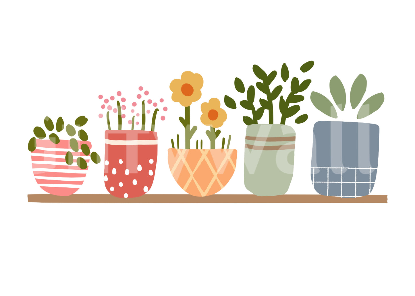 Colored pots and budding stems give the Garden Shelves wall mural a playful air.