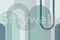 A retro mid-century rhythm shapes the Modernist Blue Geometry wall mural