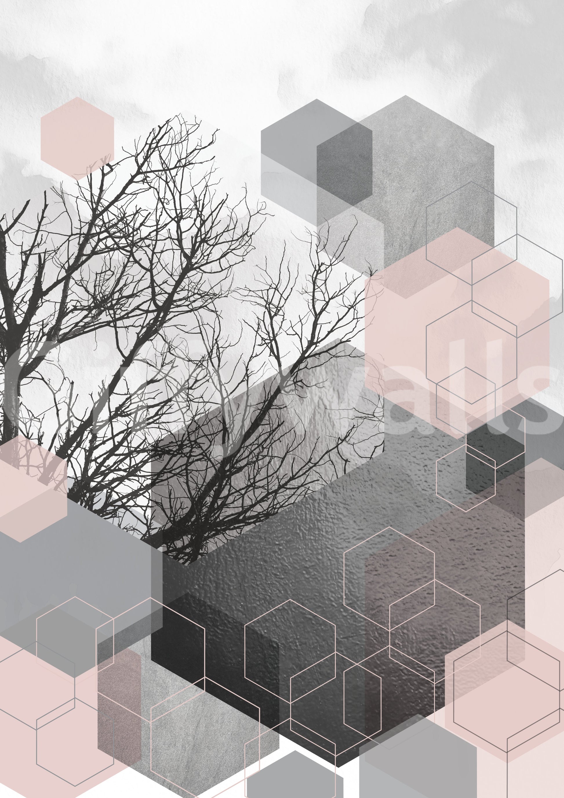 Blush Horizon mural showing modern forest imagery and structured abstract forms