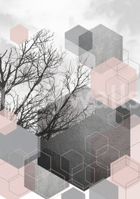 Blush Horizon mural showing modern forest imagery and structured abstract forms