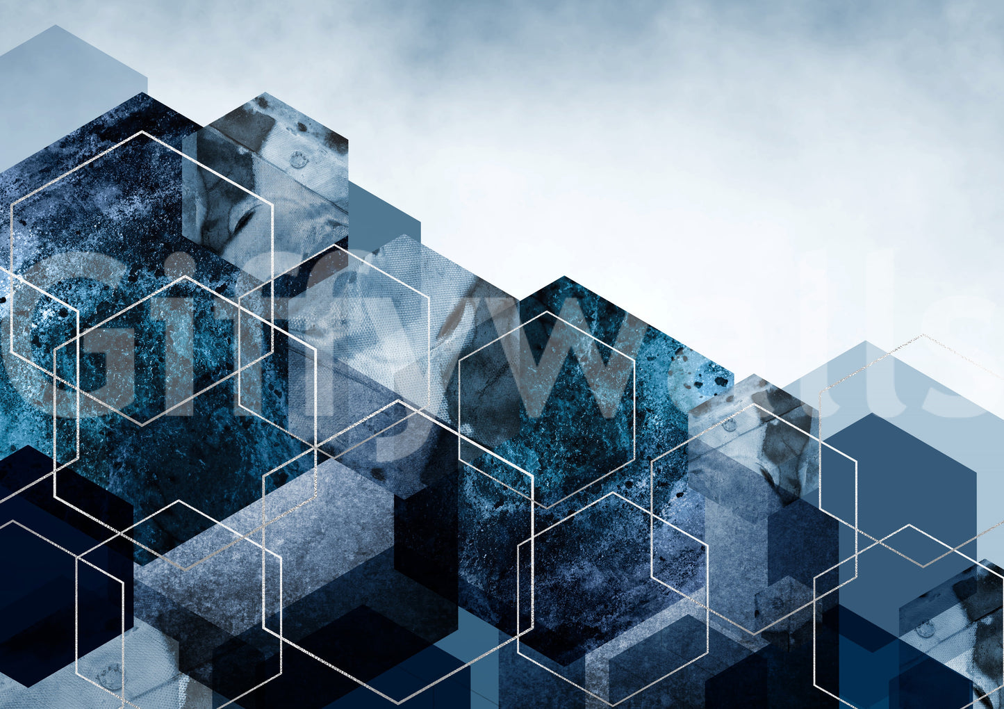 Hexagon Strata: Modern Blue & Silver Wall Mural