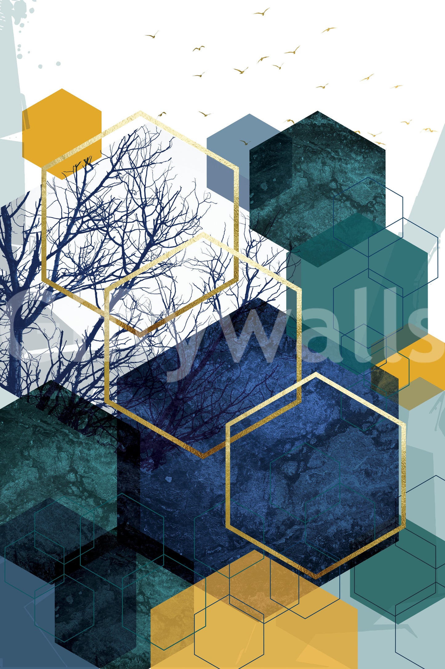 Golden Branch Geometry Wall Mural