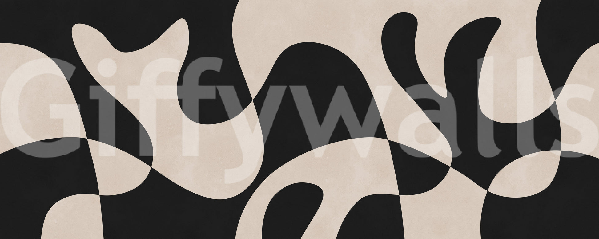 Cream and black wall mural with flowing forms and graphic visual rhythm