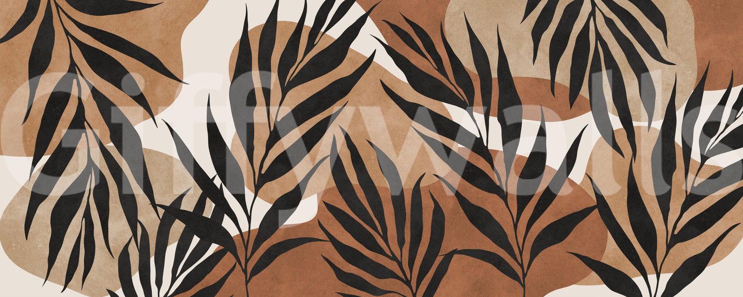 Boho botanical wall mural with flowing foliage and grounded brown tones