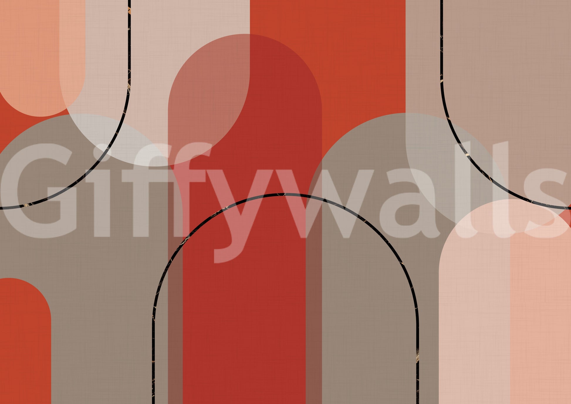 Custom wall mural with warm terracotta geometry and dark curved outlines