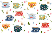 Colorful cup wallpaper with cherry mugs, floral cups, and leaf accents