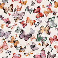 Butterfly pattern wallpaper carrying sage, coral, lilac, and cream accents