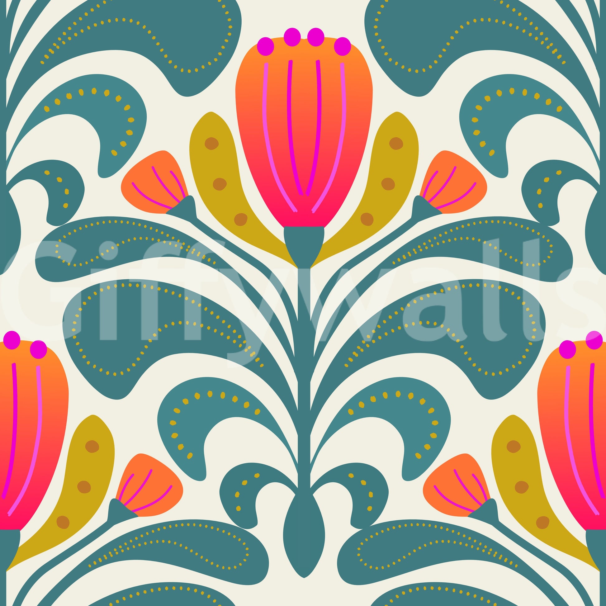 Retro botanical wallpaper with coral, teal, mustard, and pink pattern detail
