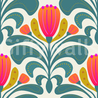 Retro botanical wallpaper with coral, teal, mustard, and pink pattern detail