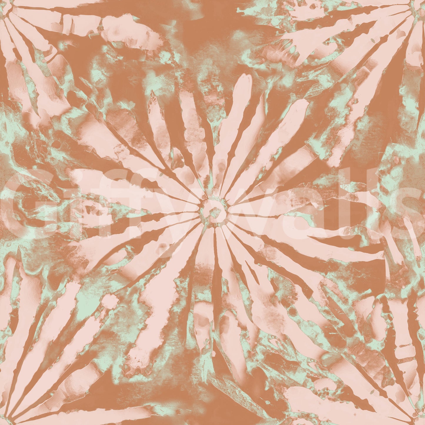 Radiant floral mural showing terracotta blooms and mint-wash background