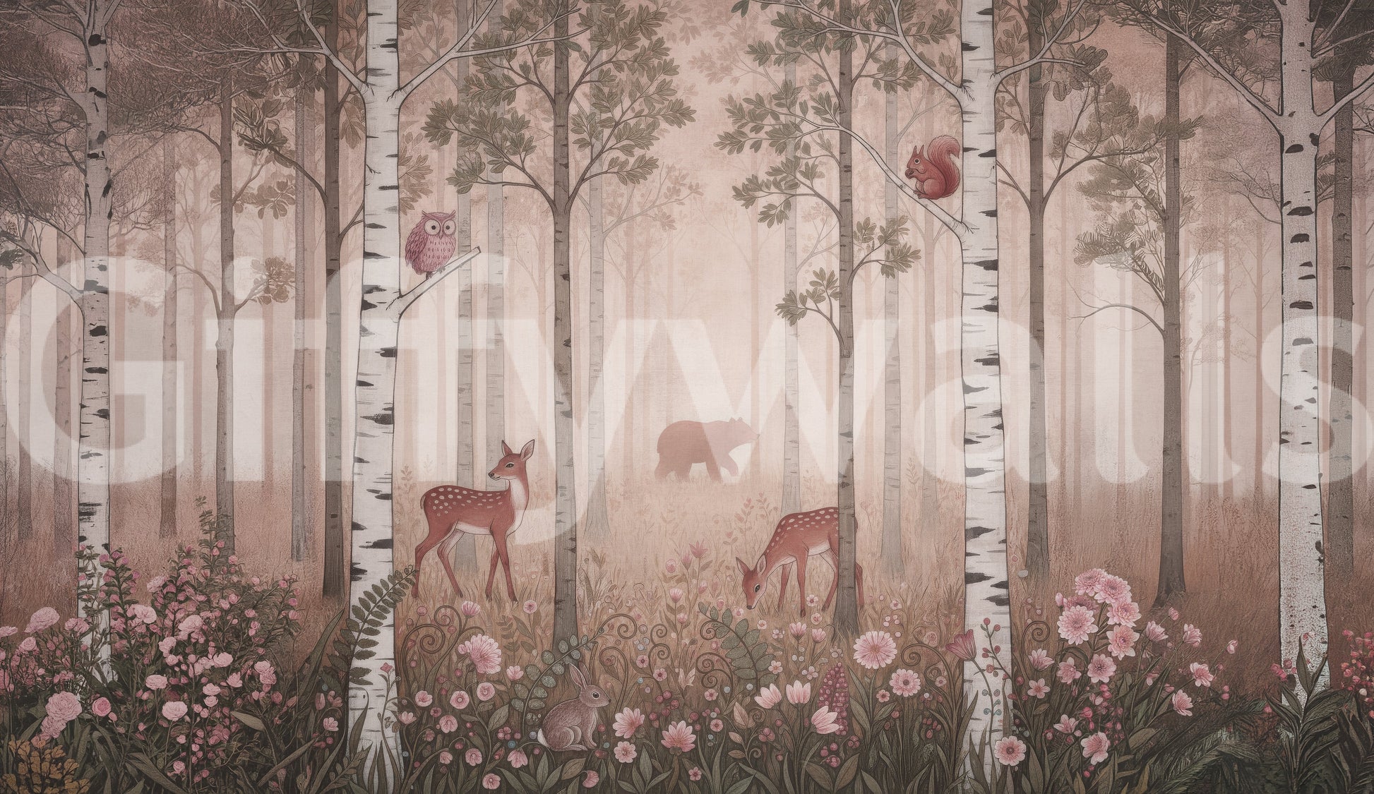 Hare peeking from wildflowers near tall birch trunks in this dawn wall mural.