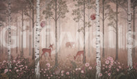 Hare peeking from wildflowers near tall birch trunks in this dawn wall mural.