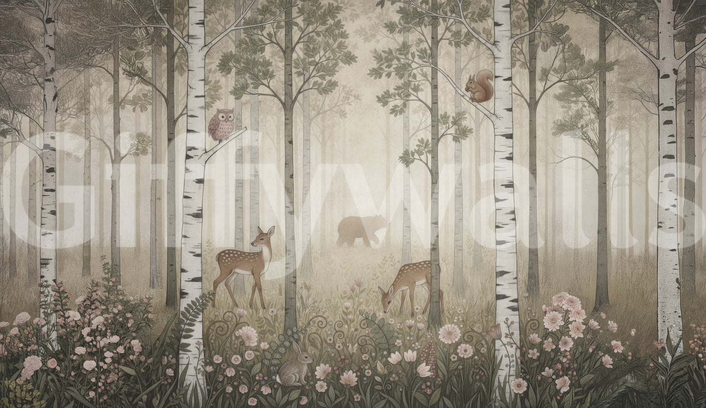 An owl perches on a low birch as a squirrel climbs the Forest Animals wall mural.