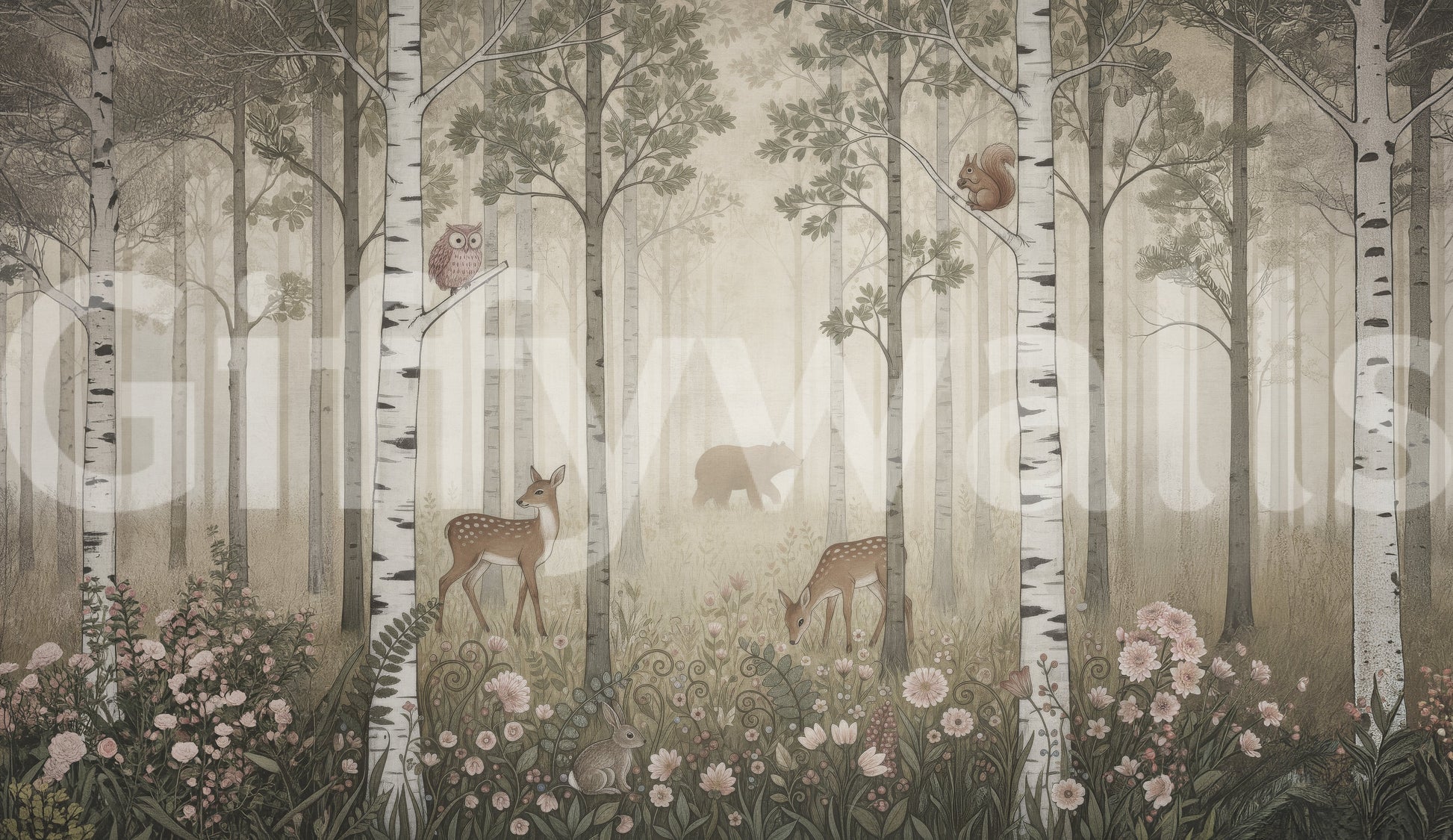 An owl perches on a low birch as a squirrel climbs the Forest Animals wall mural.