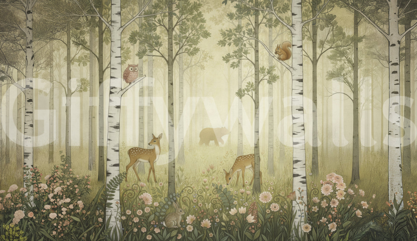 Ferns curl beside meadow grasses in the Wildflowers and woodland wall mural.