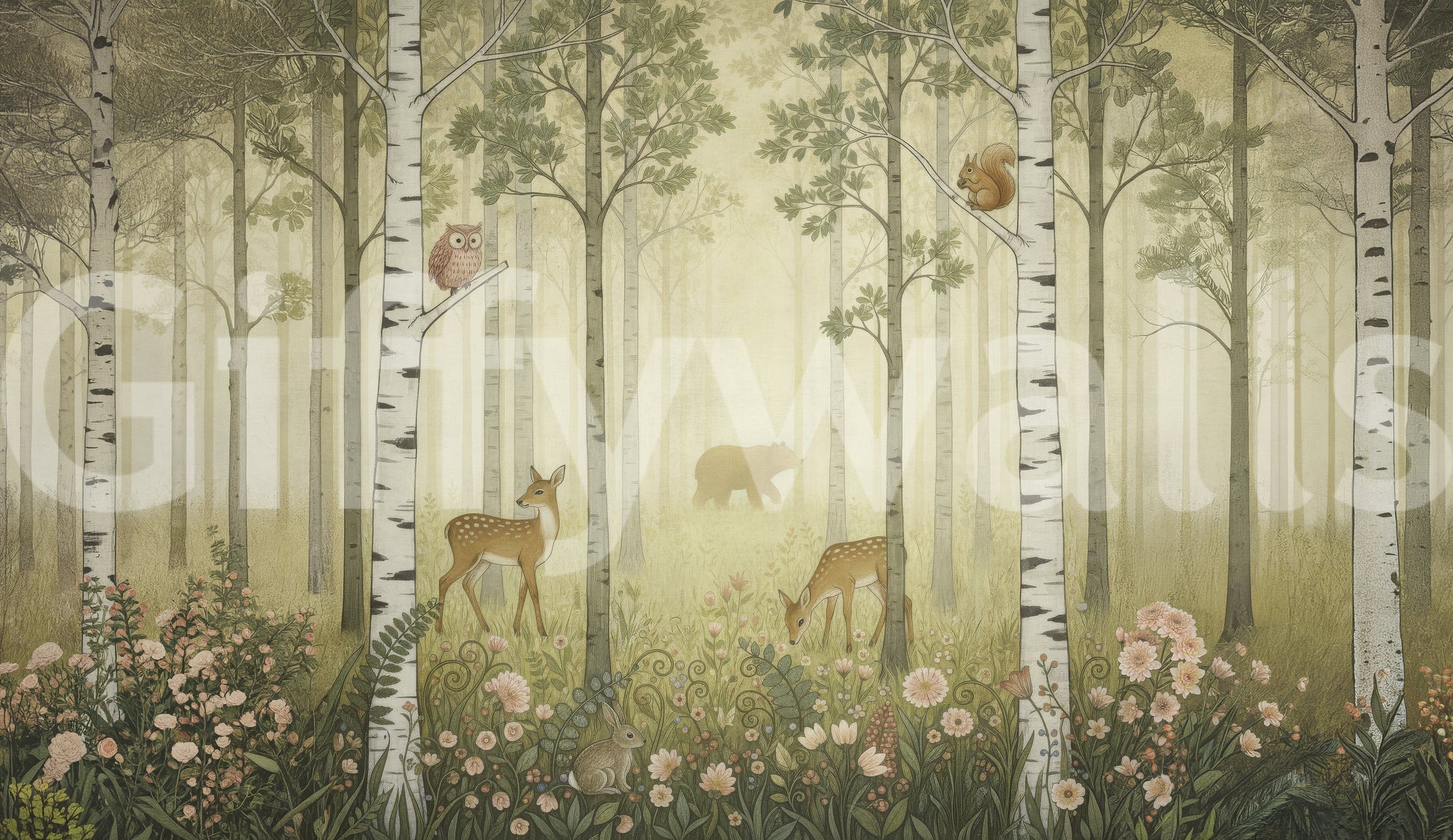 Ferns curl beside meadow grasses in the Wildflowers and woodland wall mural.