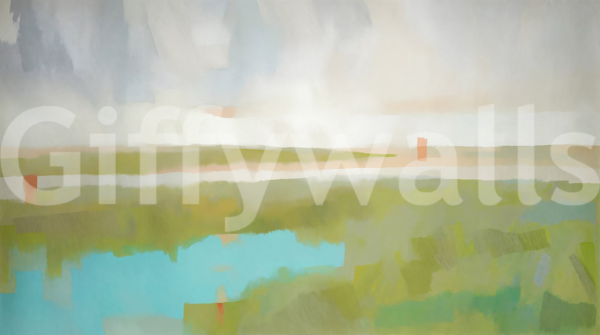 Pale peach skyline drifts over green wetland in the Velvet Dawn wall mural.