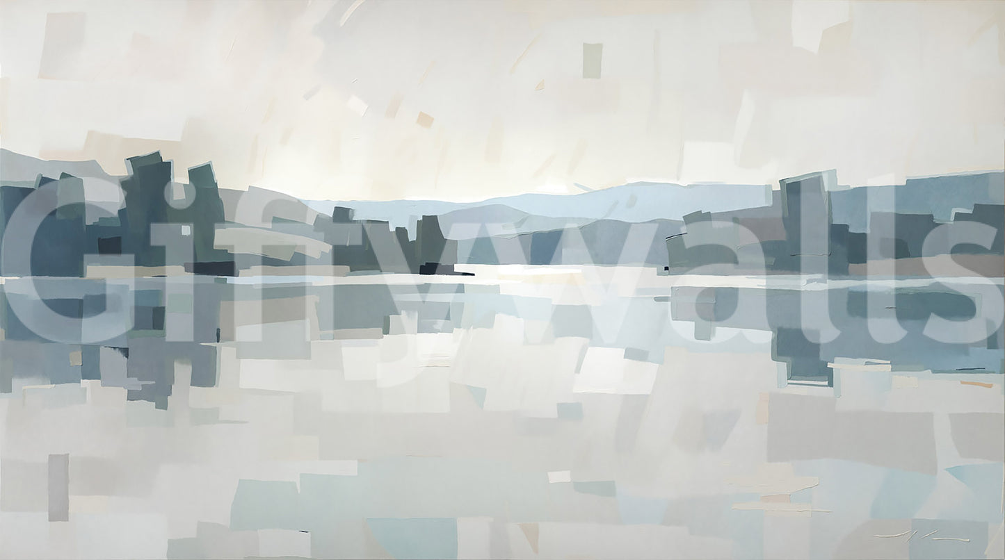 Brushy patches of blue and grey build the Glow wall mural lakeside scene.