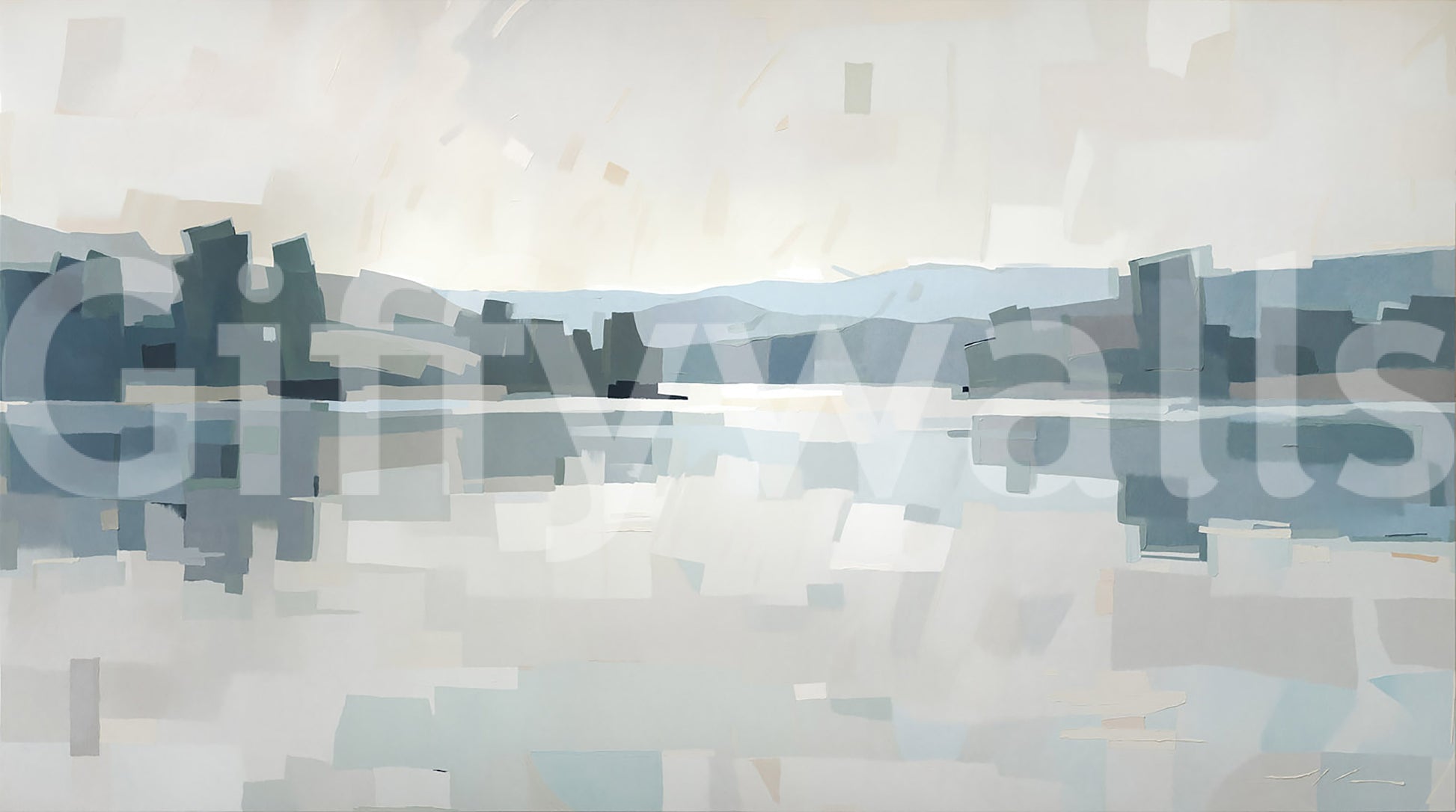 Brushy patches of blue and grey build the Glow wall mural lakeside scene.
