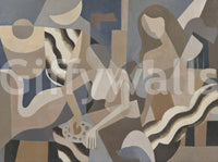 Vessels, draped figures and zigzag ribbons make up the wall mural scene.