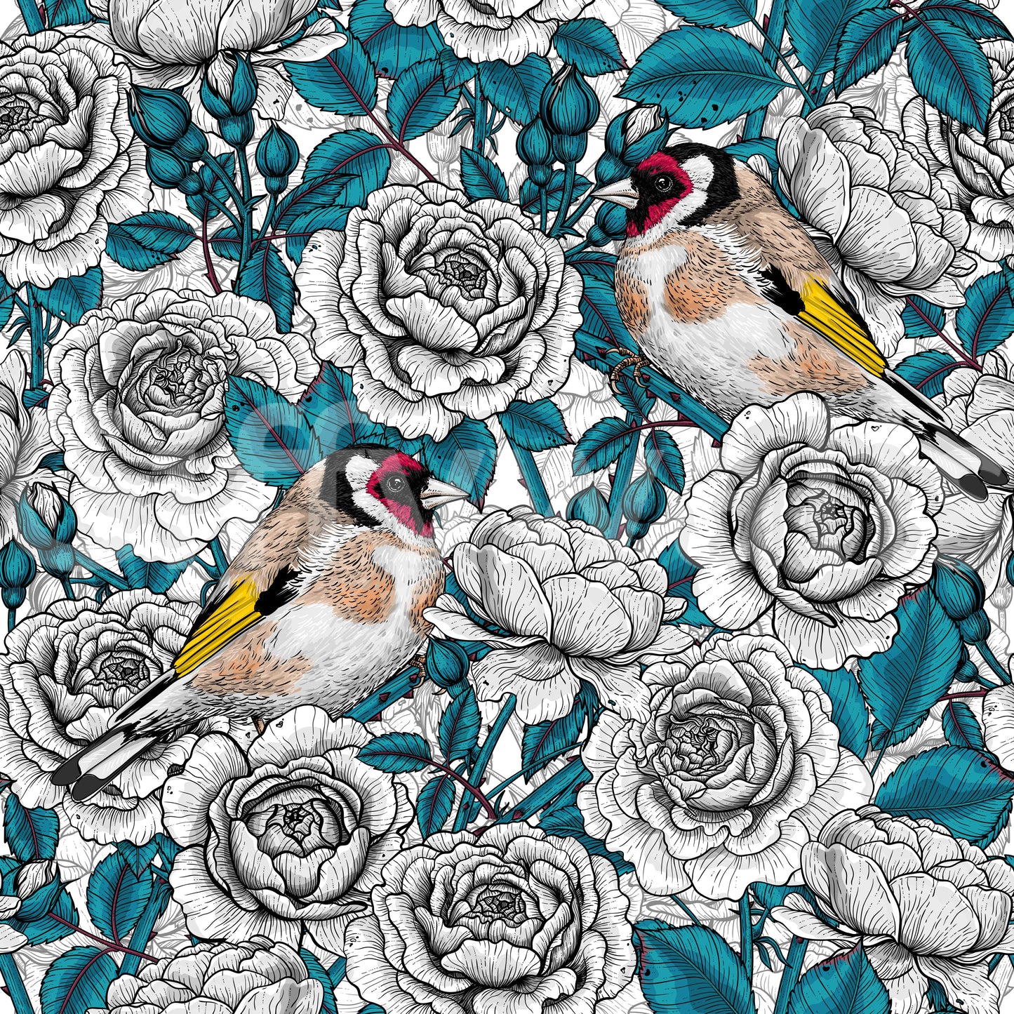 Goldfinch & White and  Teal Rose Garden Wallpaper⁠
