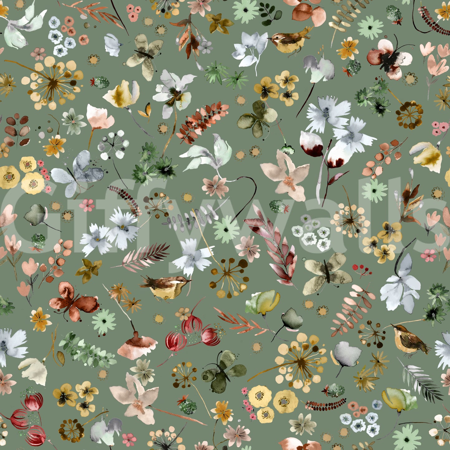 Earthy Woodland Watercolor Jade Green Wallpaper⁠