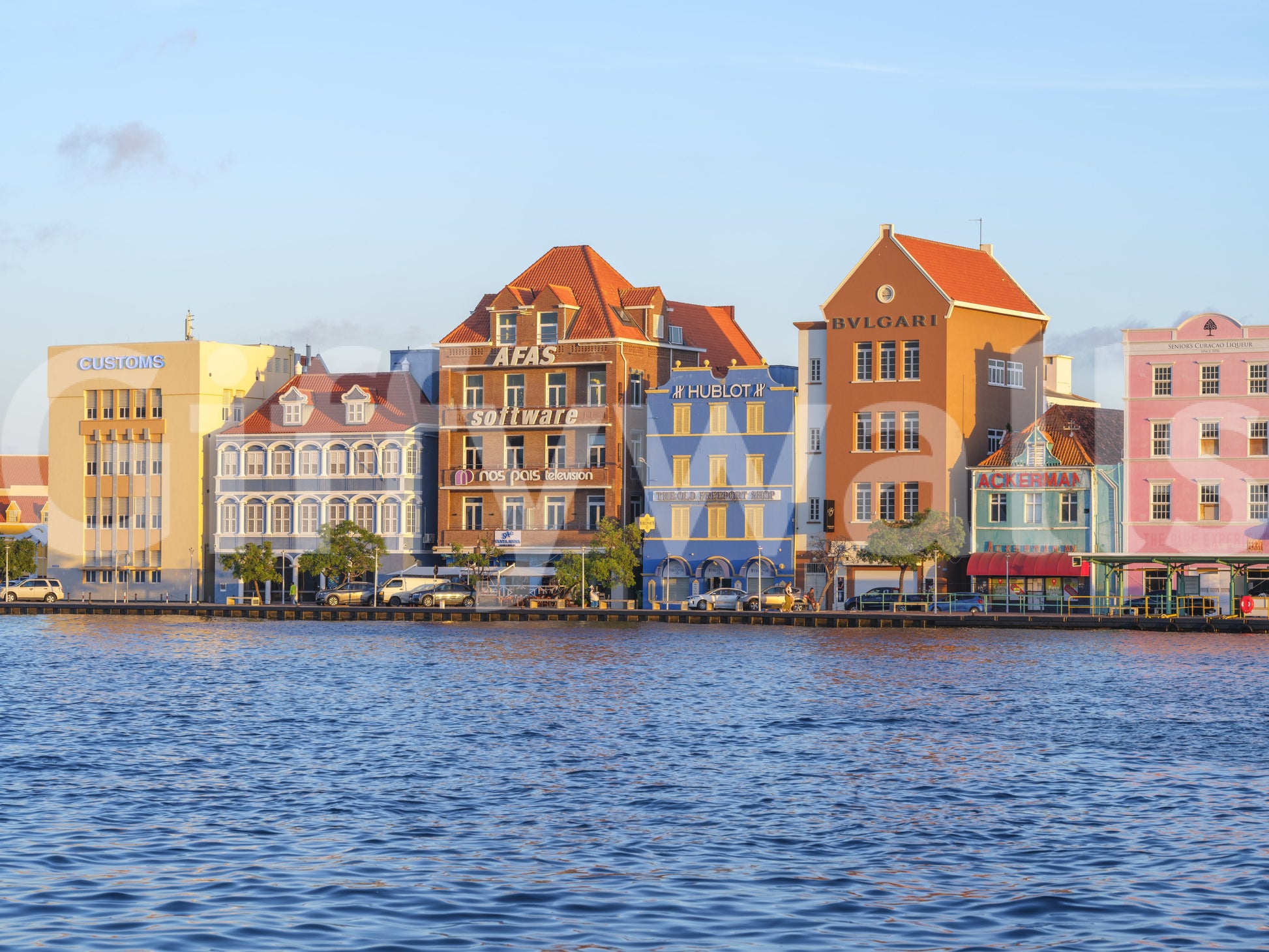 Colourful coastal wall mural featuring Willemstad waterfront skyline