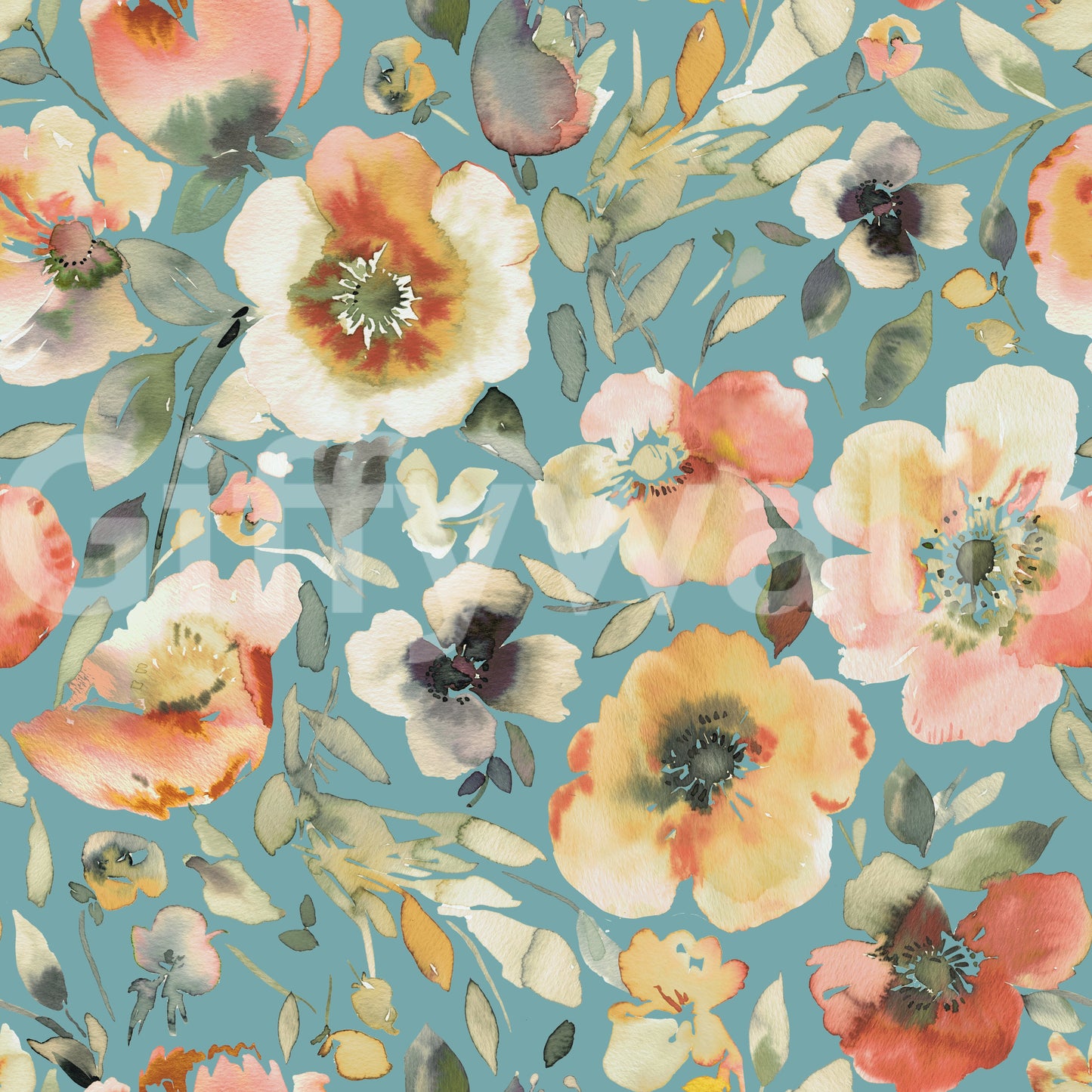 Floral wallpaper featuring soft peach flowers and teal accents

