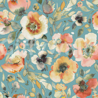 Floral wallpaper featuring soft peach flowers and teal accents

