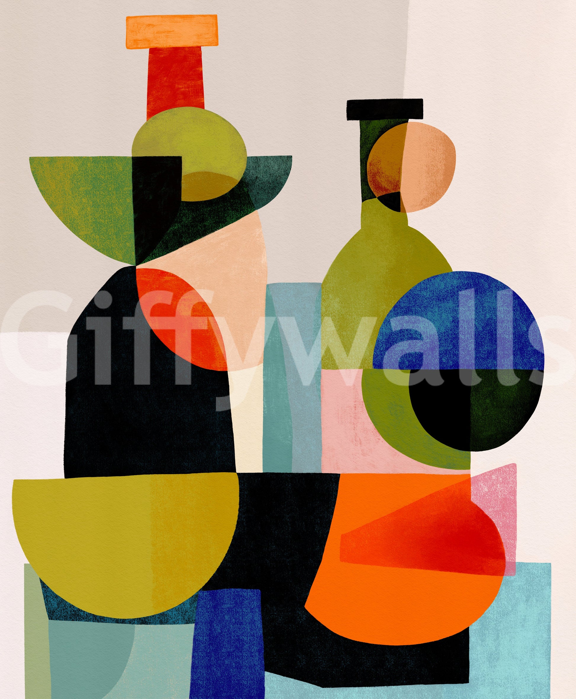 Confident colour blocks layer with quiet detail in Abstract Vessel Study Wall Mural.