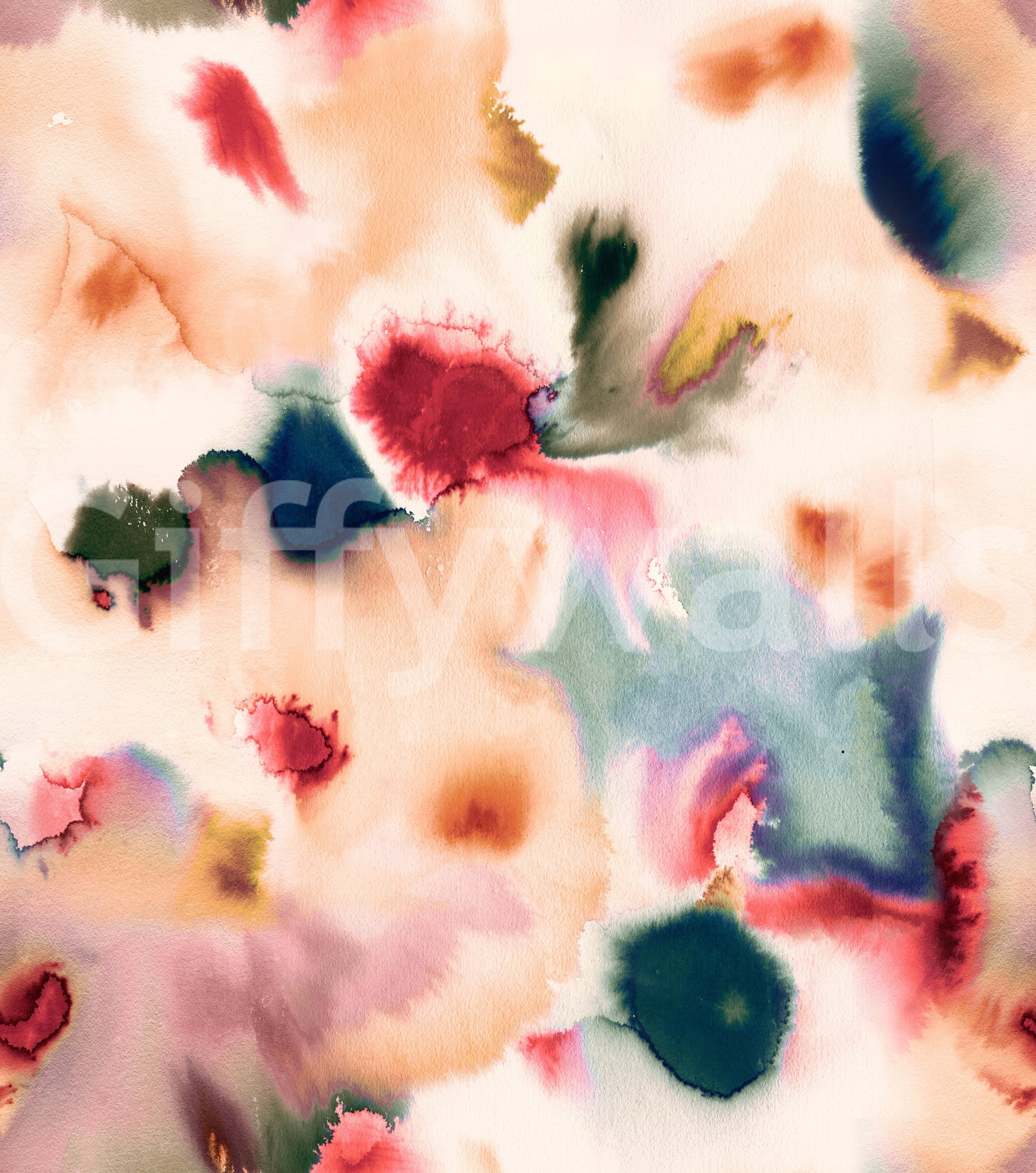 Abstract wall mural with organic watercolor blooms and fluid color transitions