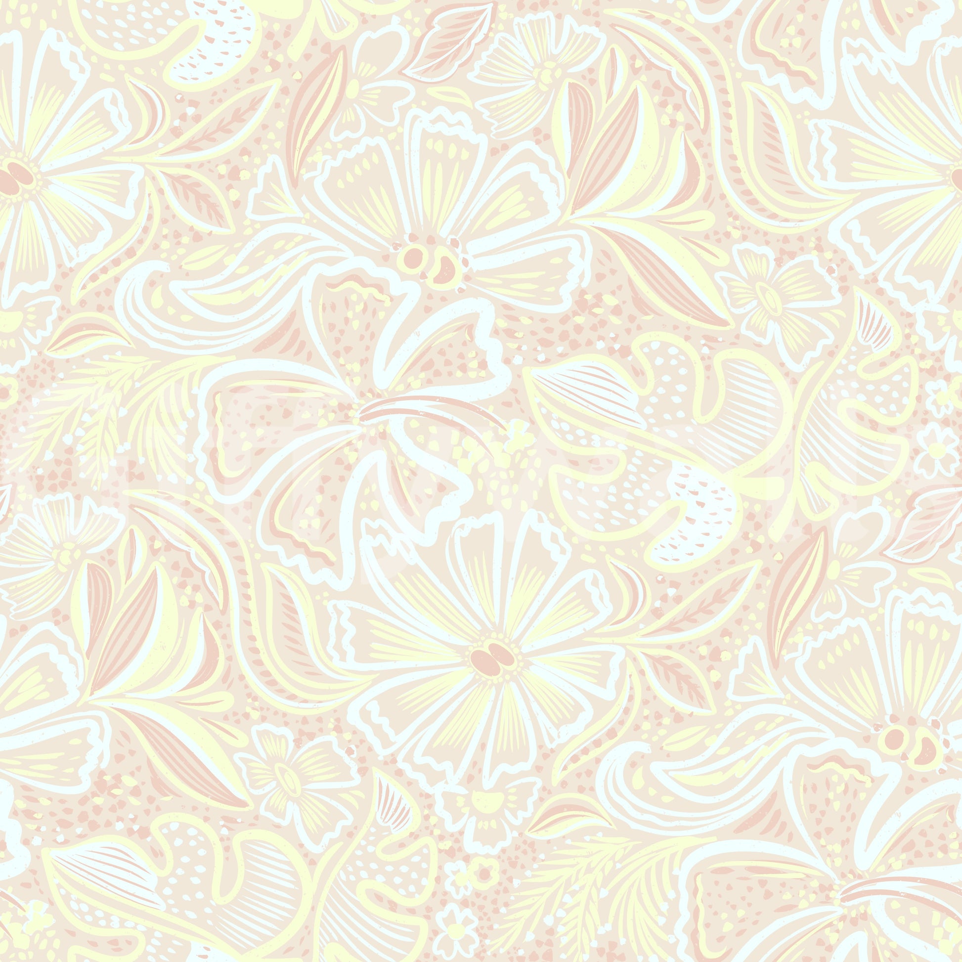 Pastel botanical wallpaper with bloom swirls and a gentle all-over floral repeat