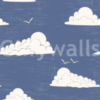 Daytime sky scene with drifting birds on a dusty blue wall mural