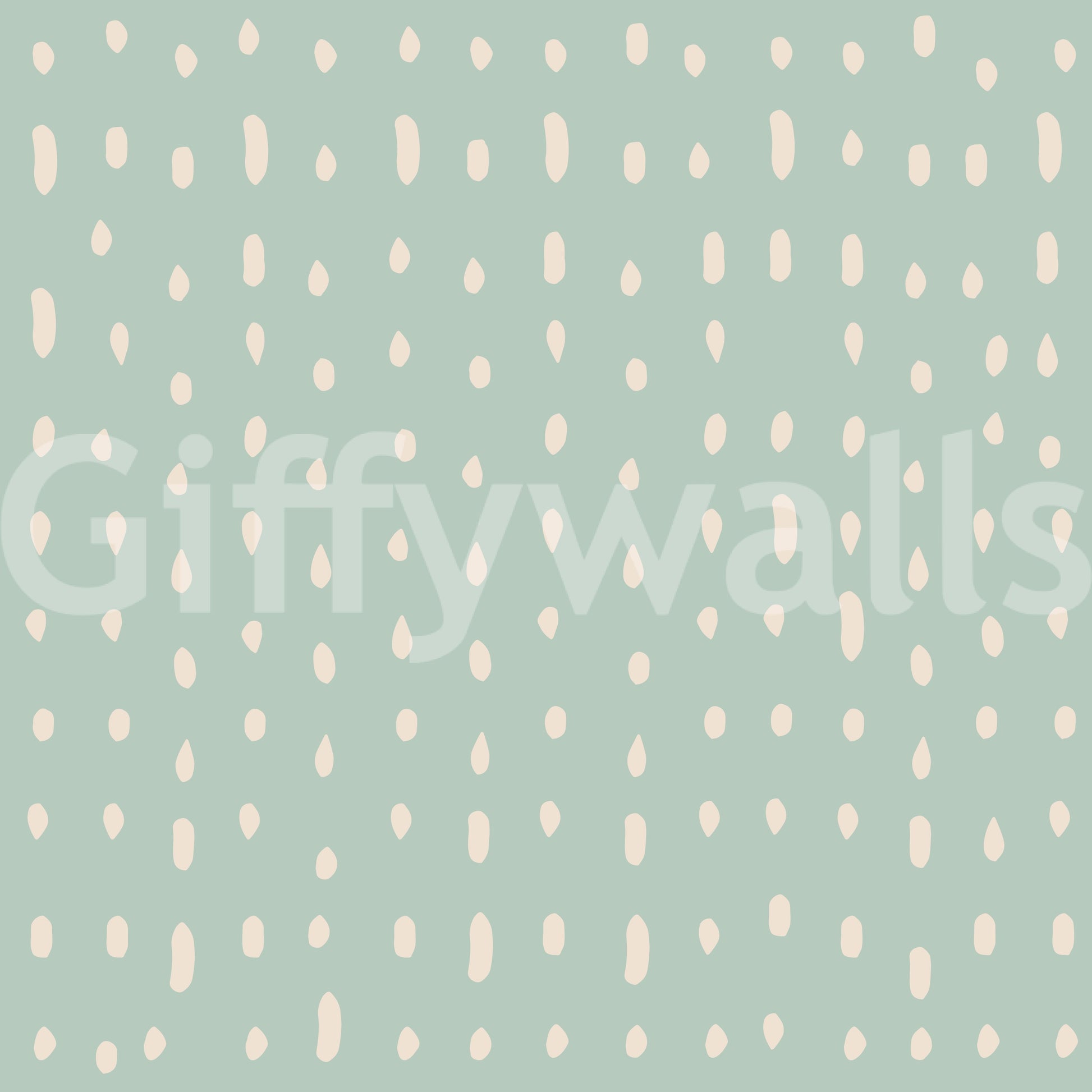 Drops and ovals dance over a sage Mid Century wall mural in even rows