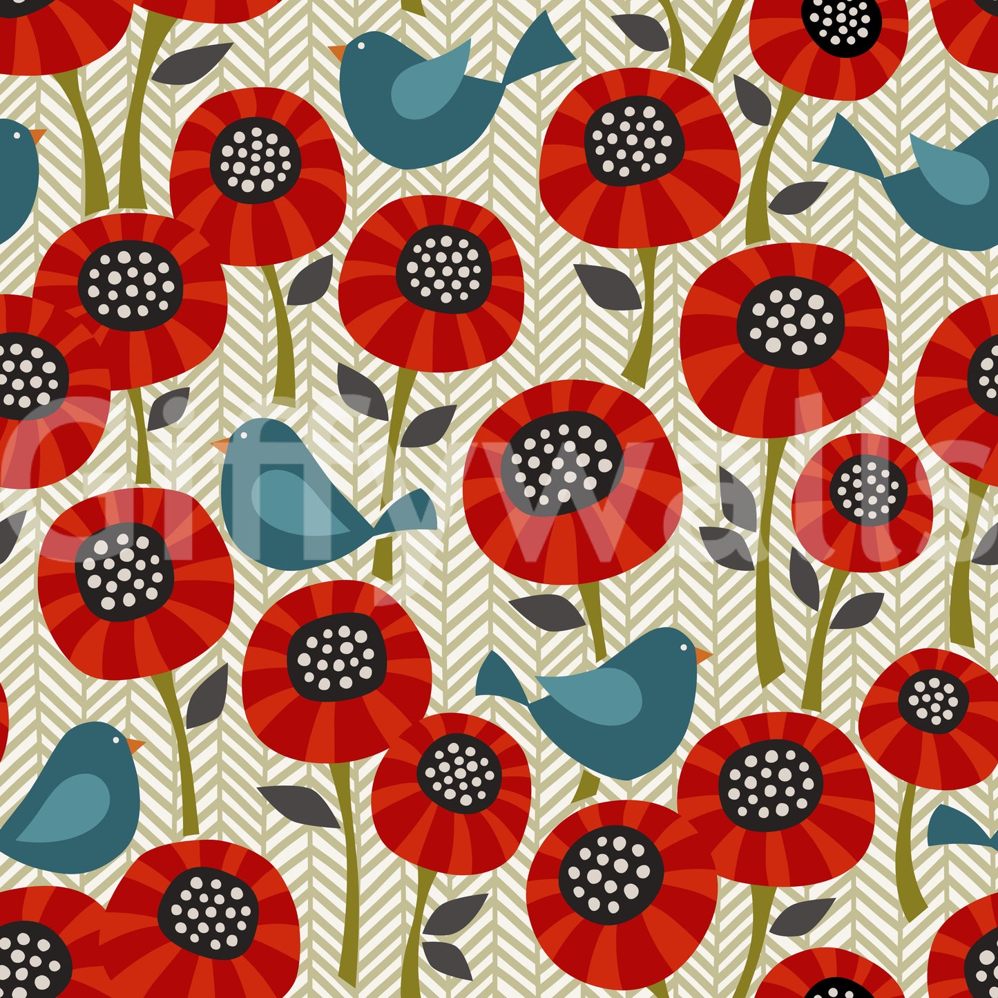 Poppies And Birds On Chevron Wallpaper⁠