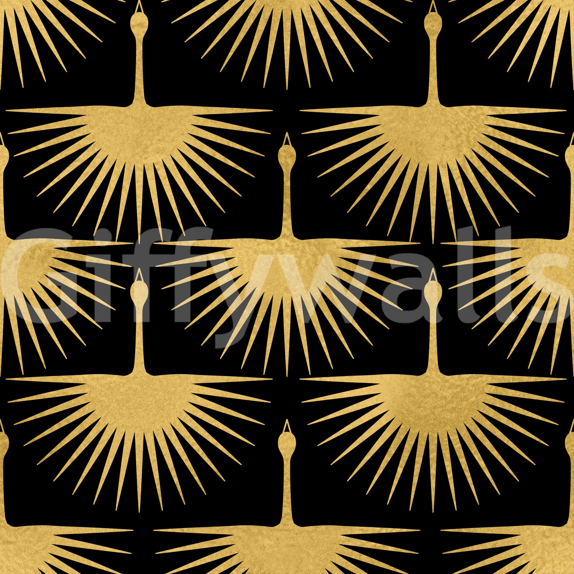Structured pattern Black Gold Crane Art Deco Wallpaper elegant tone