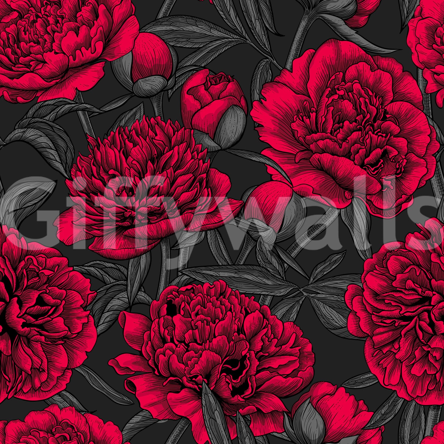 This floral wallpaper pairs deep crimson blooms with shadowy charcoal tones.