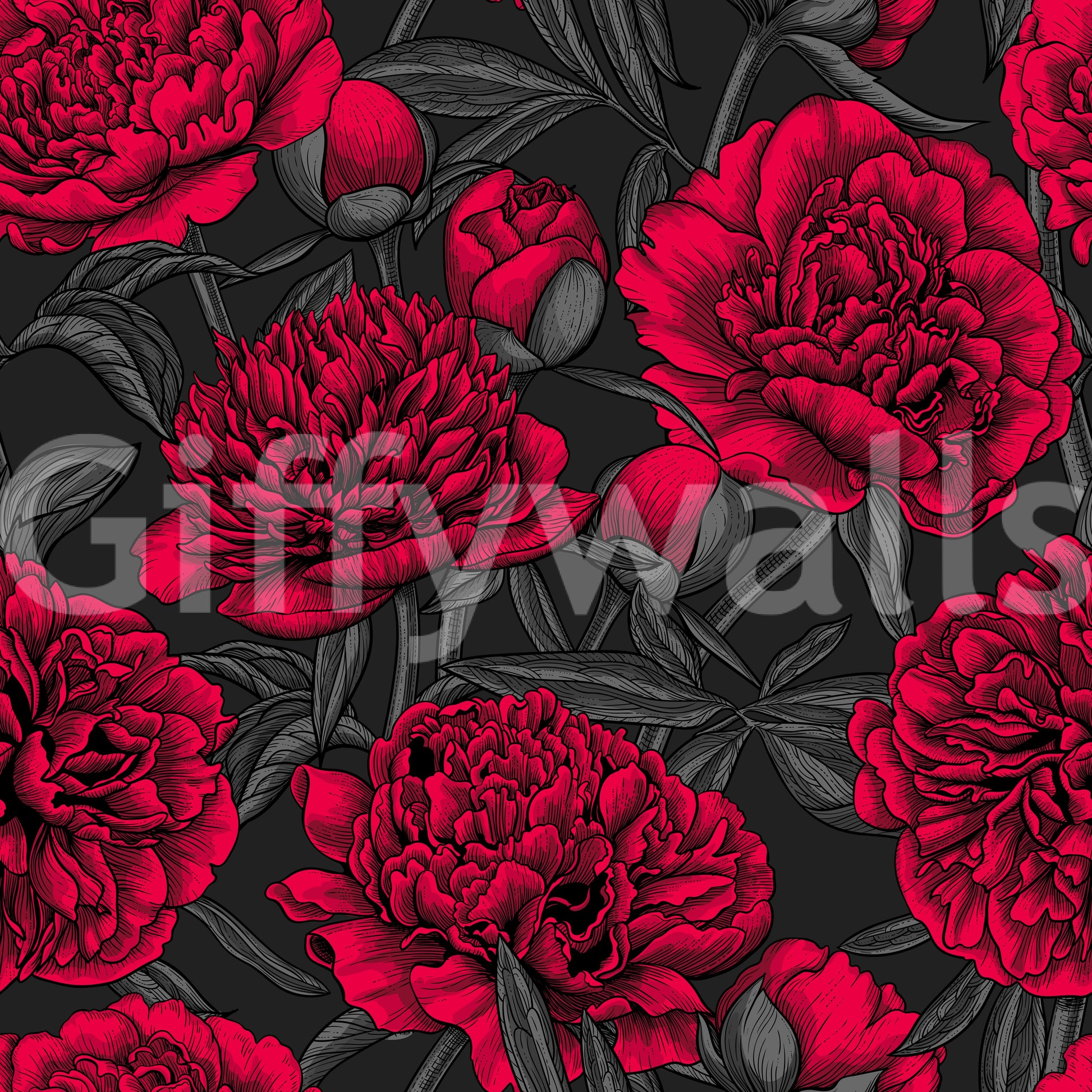 This floral wallpaper pairs deep crimson blooms with shadowy charcoal tones.