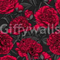 This floral wallpaper pairs deep crimson blooms with shadowy charcoal tones.