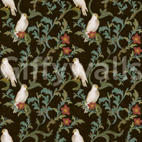 Midnight Forest Birds and Floral Scroll Wallpaper